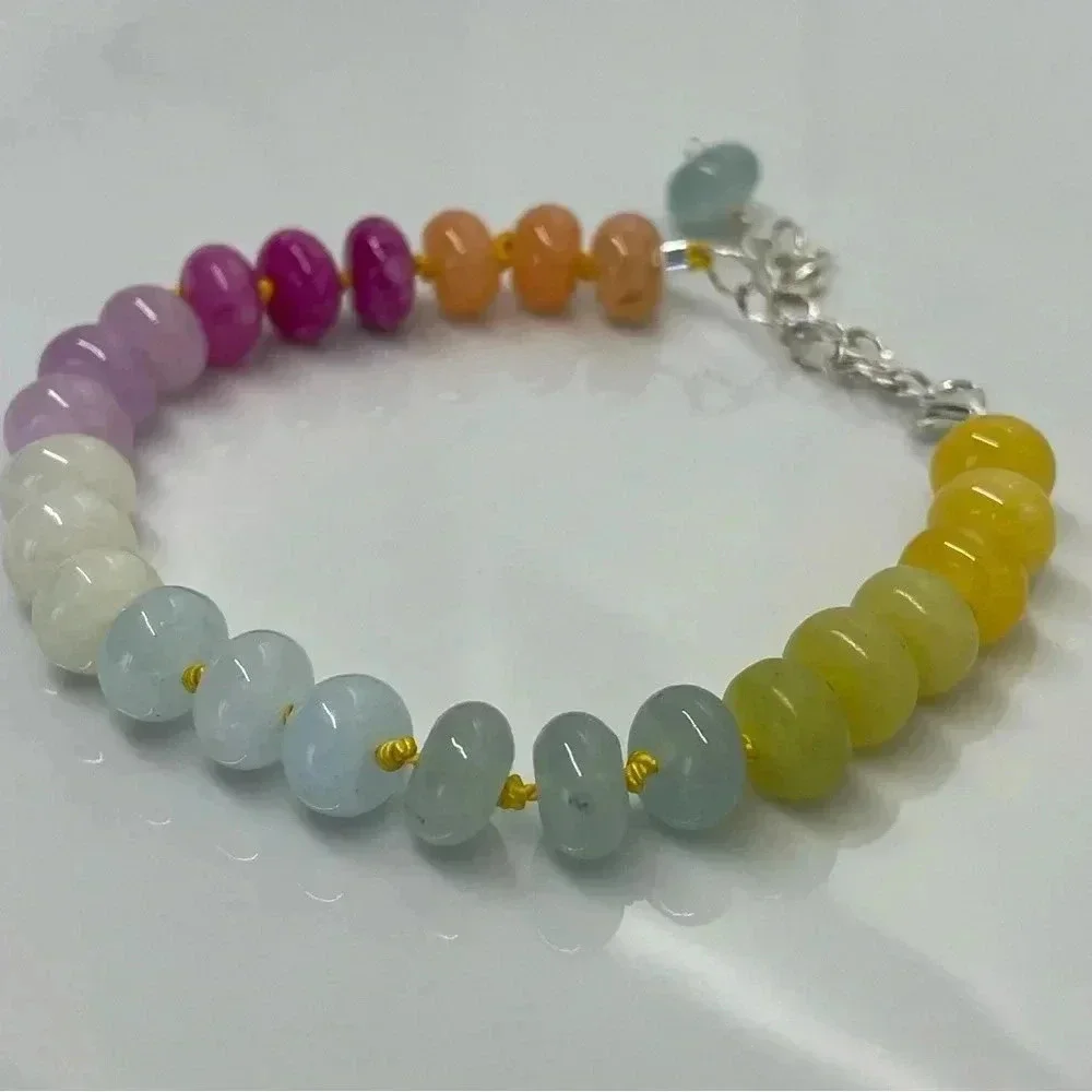 Rainbow Beaded Hand Knotted Bracelet Sterling Silver Silk Crystal Quartz Ombré - Picture 2 of 8